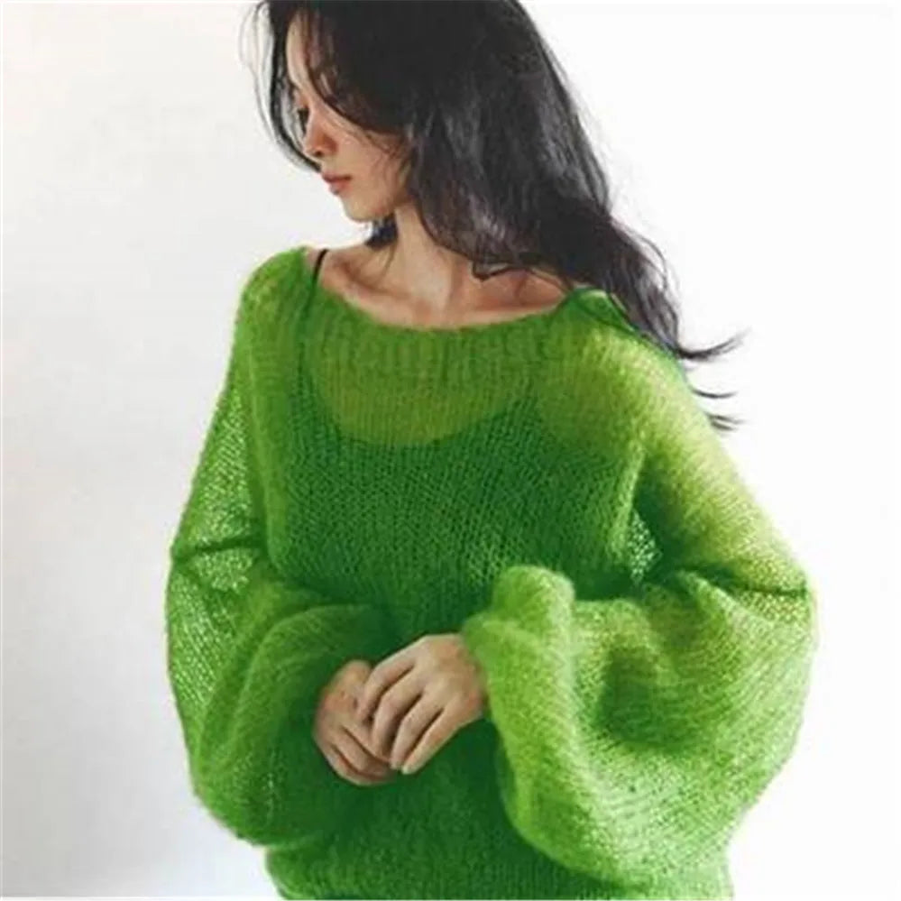 Women Mohair thin sweaters Retro Hollow knitted Pullovers sweet Girls sexy slash neck loose Sweatshirt elegant Korean clothing