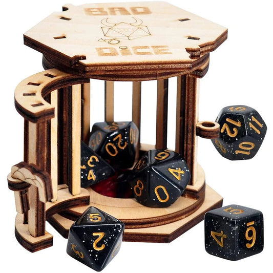 DND Dice Jail Prison with Polyhedral Dice Set Wood Cage for Your Bad Dice