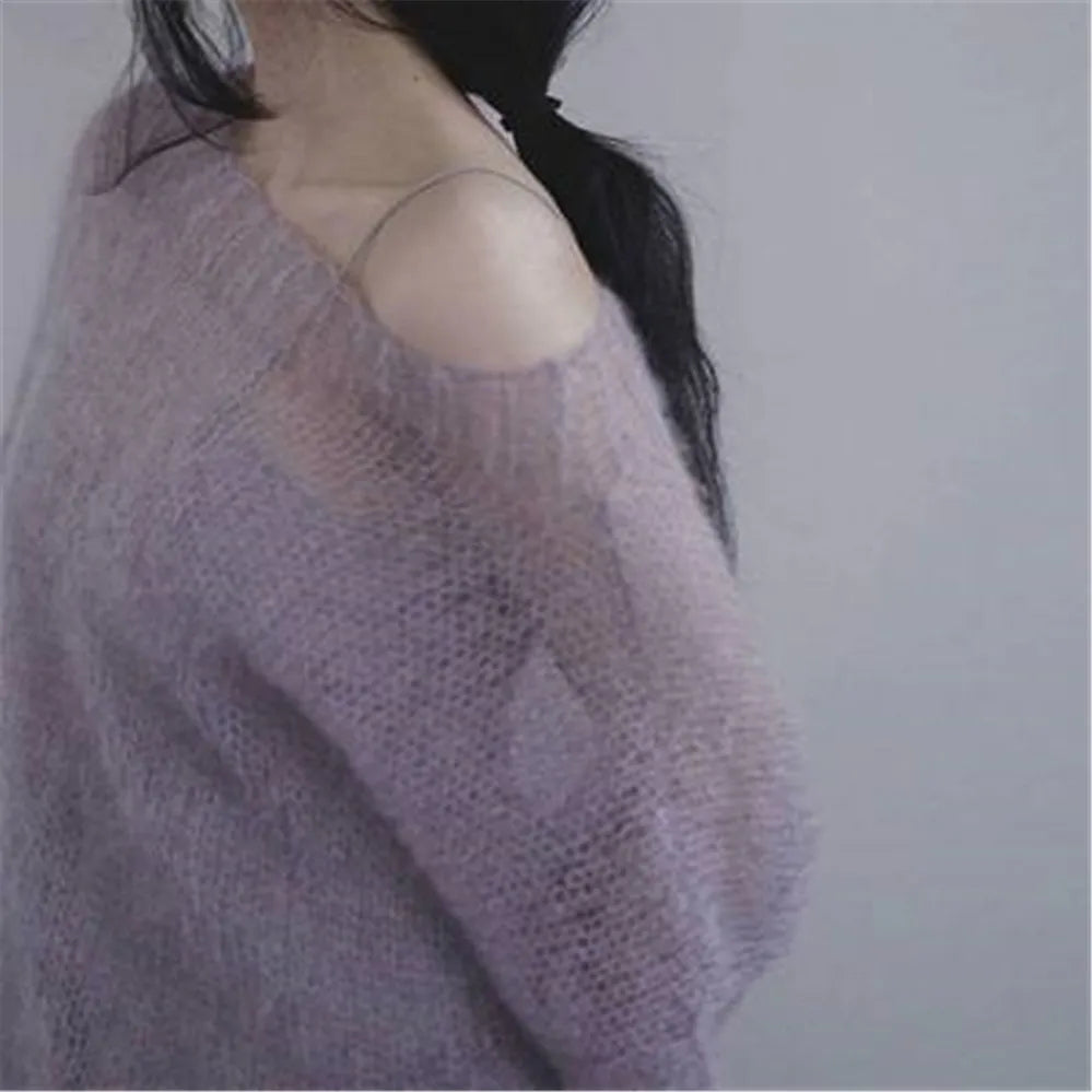 Women Mohair thin sweaters Retro Hollow knitted Pullovers sweet Girls sexy slash neck loose Sweatshirt elegant Korean clothing