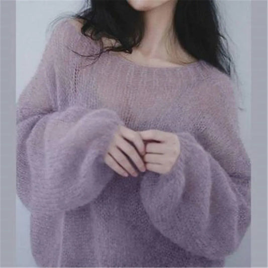 Women Mohair thin sweaters Retro Hollow knitted Pullovers sweet Girls sexy slash neck loose Sweatshirt elegant Korean clothing