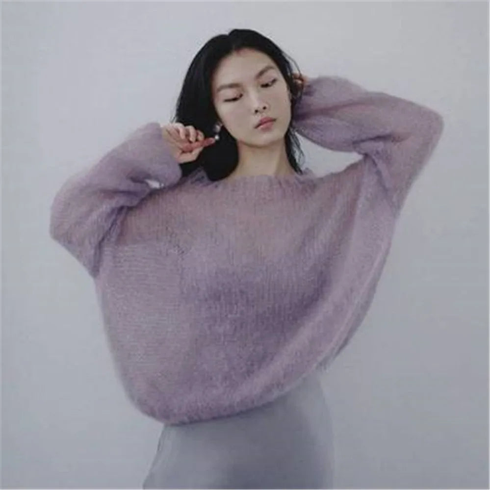 Women Mohair thin sweaters Retro Hollow knitted Pullovers sweet Girls sexy slash neck loose Sweatshirt elegant Korean clothing