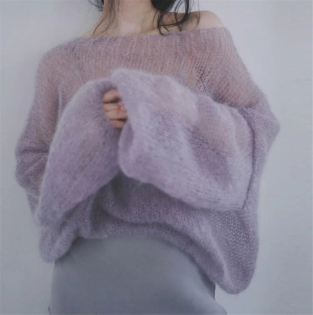 Women Mohair thin sweaters Retro Hollow knitted Pullovers sweet Girls sexy slash neck loose Sweatshirt elegant Korean clothing