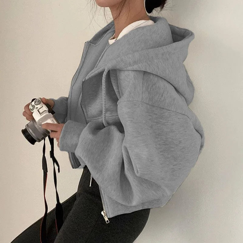 Fashion Zipper Hood Sweatshirt Women Autumn Long Sleeve Crop Tops Casual Y2K Hoodies Streetwear Harajuku Female Jackets Coats.