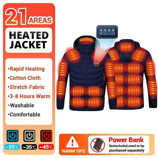 Washable USB charging and heating jacket, cotton hooded jacket, electric heating, thermal jacket, outdoor, camping, hiking zone