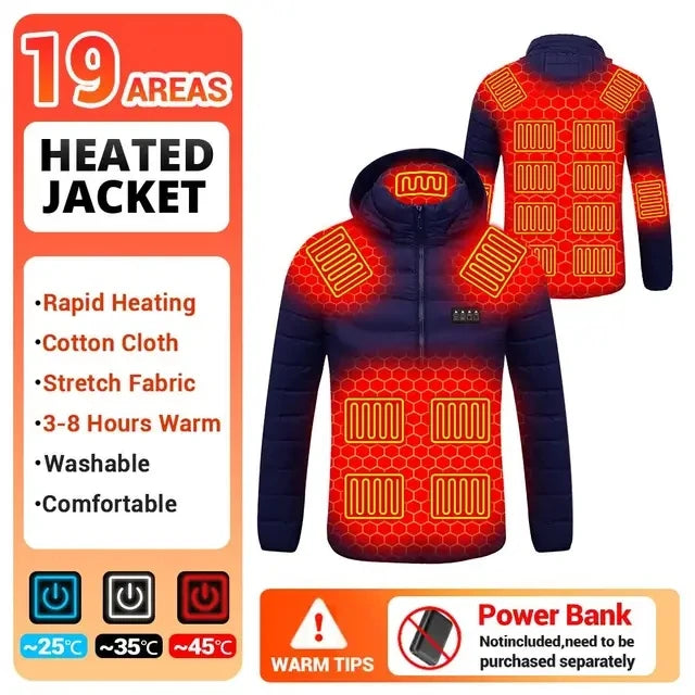 Washable USB charging and heating jacket, cotton hooded jacket, electric heating, thermal jacket, outdoor, camping, hiking zone