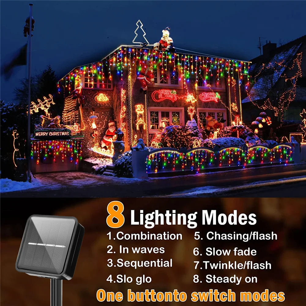 LED Solar lcicle String Lights Outdoor Curtain Fairy Lights 8 Modes Christmas Landscape Lights Party Garden Decoration Light.