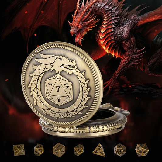 Dragon Pocket Watch Case with 7pcs Metal Polyhedral Dice jewelry case retro flip Dianosar pocket watch case waist chain DND Dice