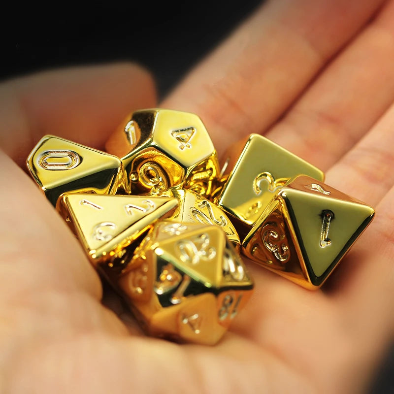 7-Piece Gold Plated Dice Set - D&D COC D4 D6 D8 D10 D% D12 D20 - Premium RPG Dice for Table Games, DND, MTG