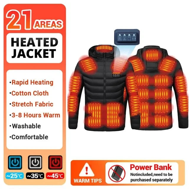 Washable USB charging and heating jacket, cotton hooded jacket, electric heating, thermal jacket, outdoor, camping, hiking zone