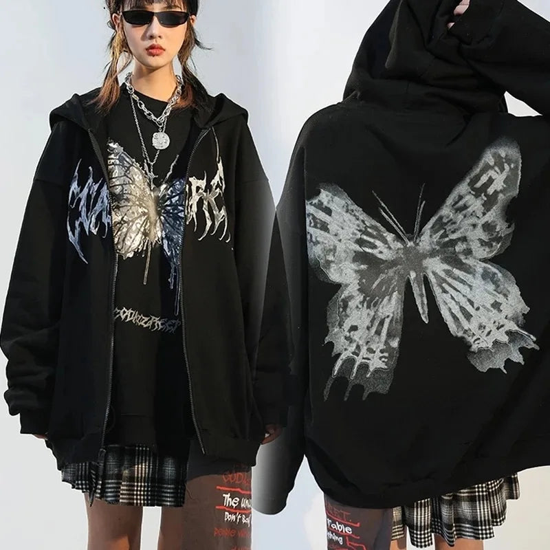 Gothic Graphic Print Jackets Women Y2K Zip Up Hoodies Streetwear Sweatshirts Hip Hop Tops Loose Harajuku Casual Coats.