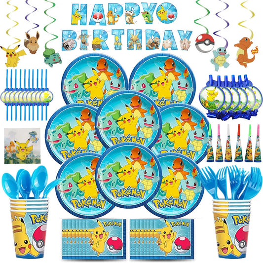 Pokemon Pikachu Theme Birthday Party Tableware Set Pokemon Party Decorations Banner Plates Balloons Kids Party Supplies Toy Gift