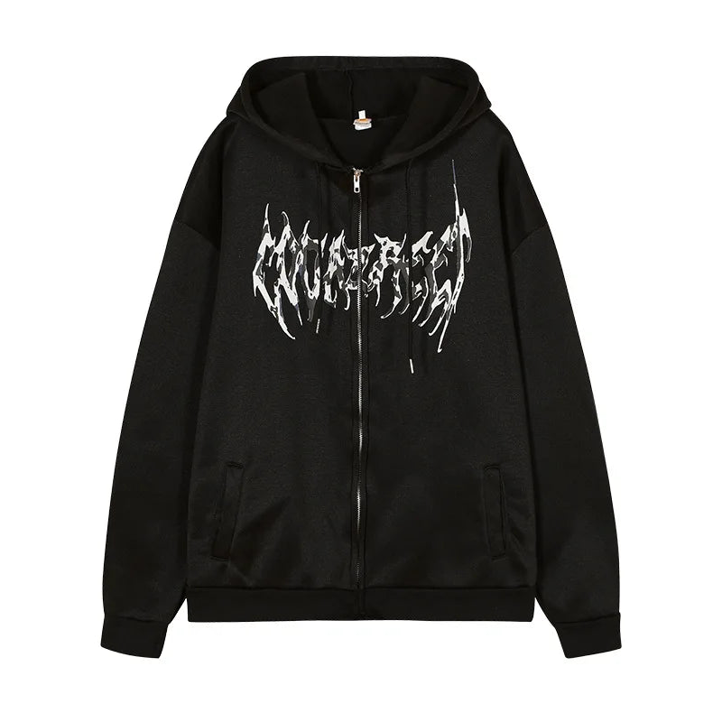 Gothic Graphic Print Jackets Women Y2K Zip Up Hoodies Streetwear Sweatshirts Hip Hop Tops Loose Harajuku Casual Coats.