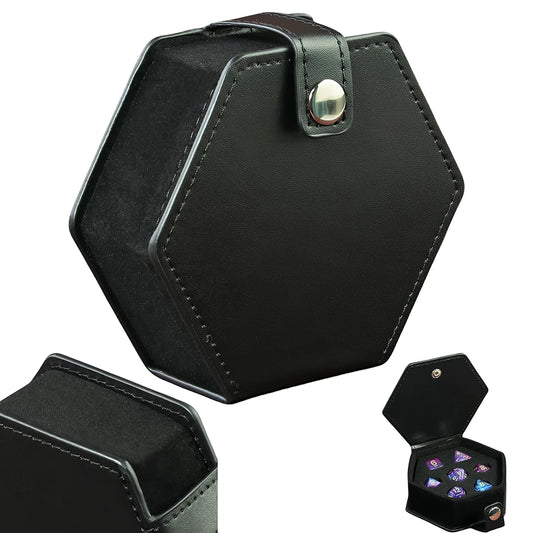 Black Leather Box DND Dice Case with Removable Slotted Tray, for D&D Role Playing Table Games 7-Piece Polyhedral Dices Storage