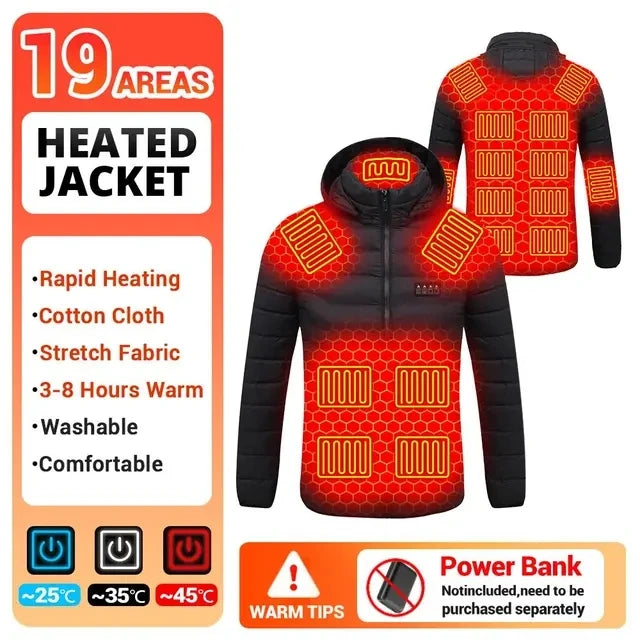 Washable USB charging and heating jacket, cotton hooded jacket, electric heating, thermal jacket, outdoor, camping, hiking zone