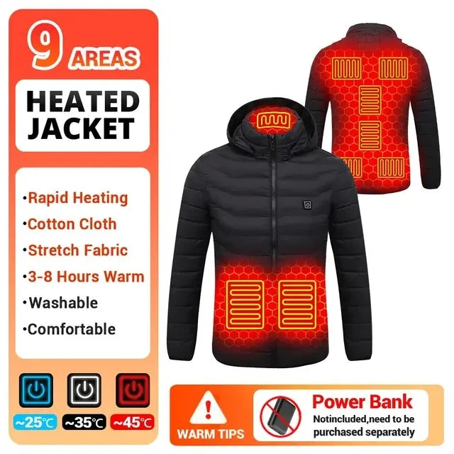 Washable USB charging and heating jacket, cotton hooded jacket, electric heating, thermal jacket, outdoor, camping, hiking zone