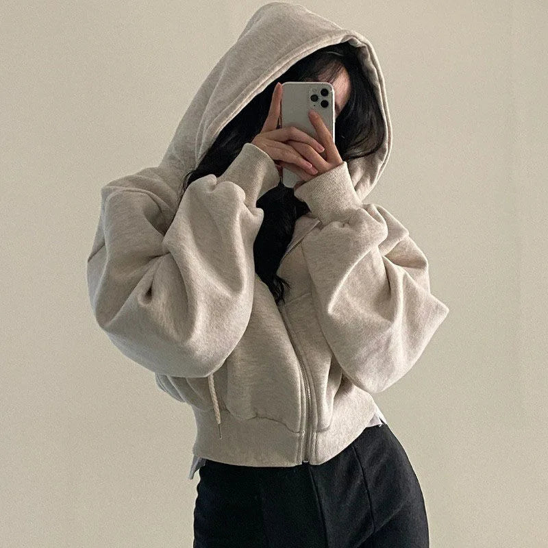 Fashion Zipper Hood Sweatshirt Women Autumn Long Sleeve Crop Tops Casual Y2K Hoodies Streetwear Harajuku Female Jackets Coats.