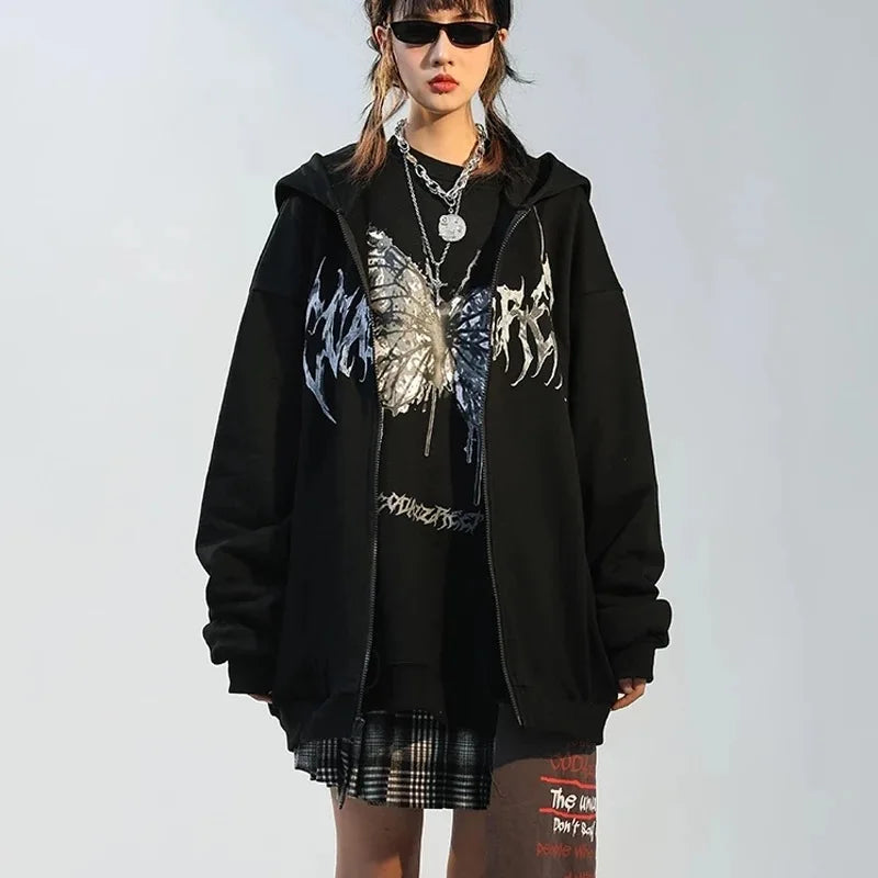 Gothic Graphic Print Jackets Women Y2K Zip Up Hoodies Streetwear Sweatshirts Hip Hop Tops Loose Harajuku Casual Coats.