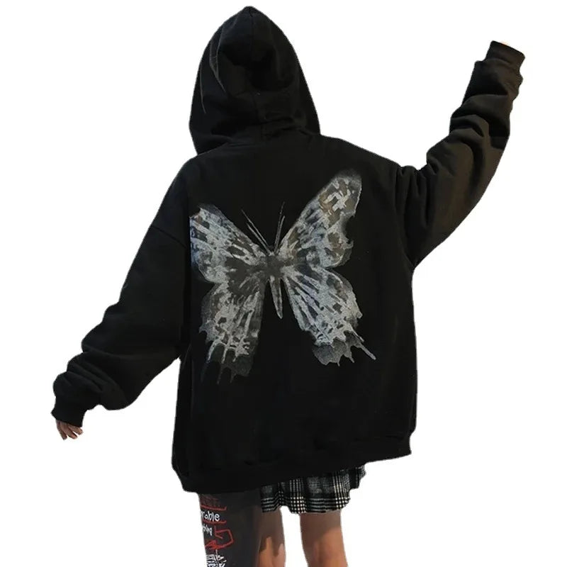 Gothic Graphic Print Jackets Women Y2K Zip Up Hoodies Streetwear Sweatshirts Hip Hop Tops Loose Harajuku Casual Coats.