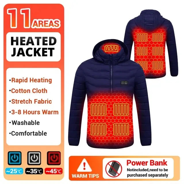 Washable USB charging and heating jacket, cotton hooded jacket, electric heating, thermal jacket, outdoor, camping, hiking zone