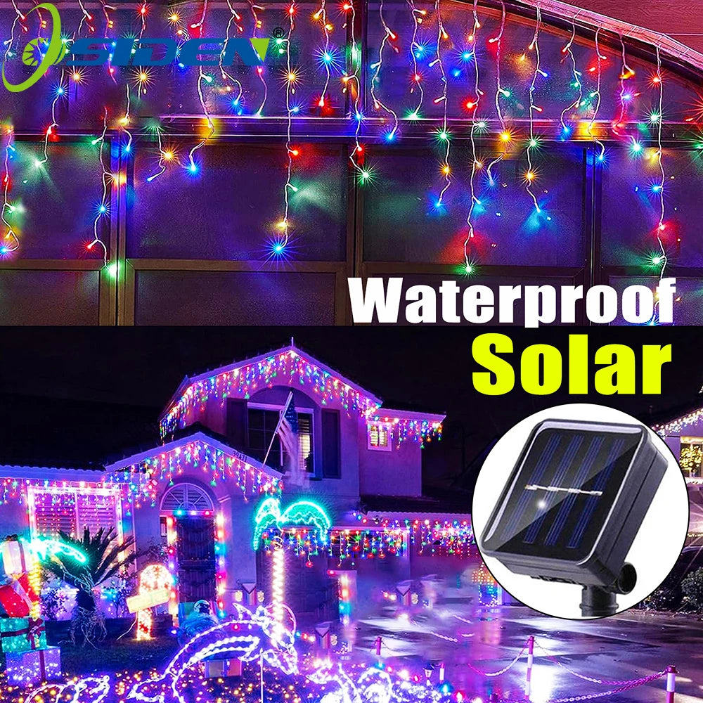 LED Solar lcicle String Lights Outdoor Curtain Fairy Lights 8 Modes Christmas Landscape Lights Party Garden Decoration Light.