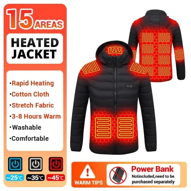 Washable USB charging and heating jacket, cotton hooded jacket, electric heating, thermal jacket, outdoor, camping, hiking zone