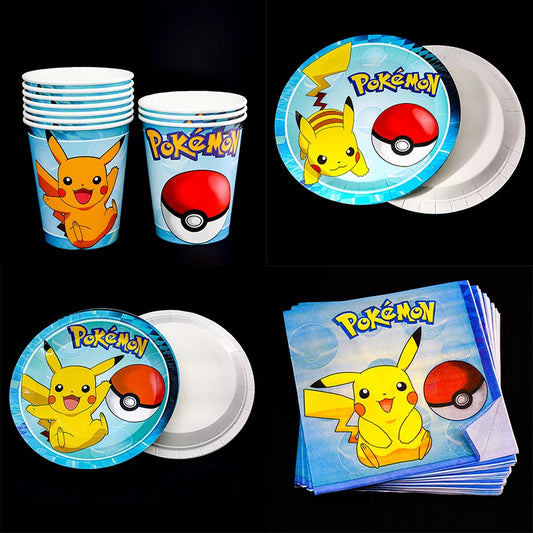 Pokemon Tableware Pikachu Birthday Decoration Party Supplies Disposable Tablecloth Paper Cups Plates Napkins Baby Shower Gifts